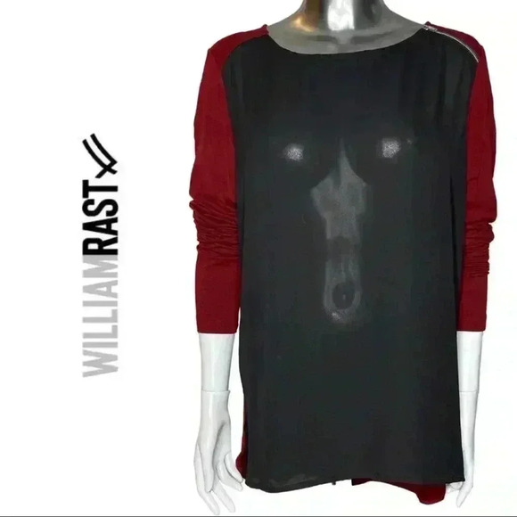 William Rast Top Black Red Knit Sleeves & Back Zipper Neck Medium - Picture 1 of 5